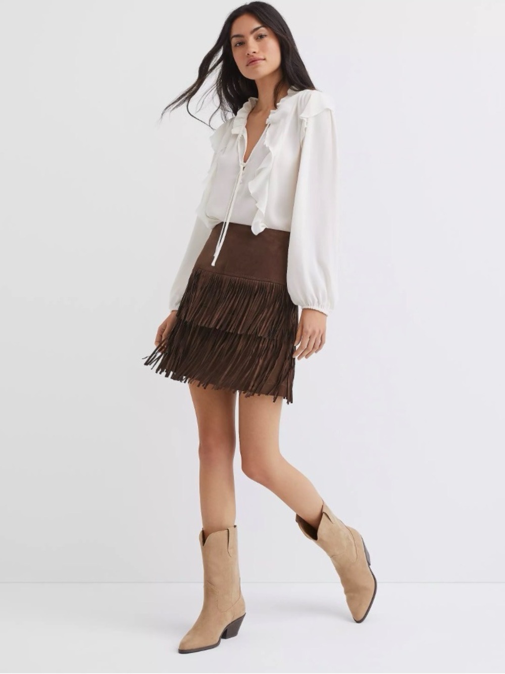 LOFT Brown Fringed Suede Mini Skirt